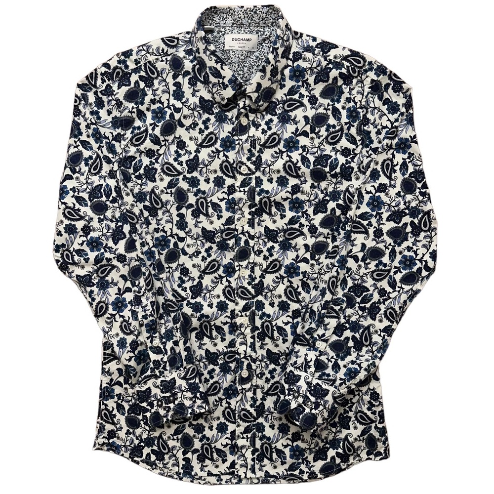 Duchamp London Slim Fit Long Sleeve Shirt Floral Paisley White Size 41-15.5 M